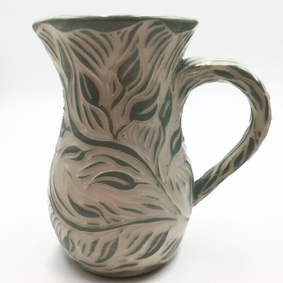 6" Pottery Pitcher Signed Paula Barry Studio Green White Creamer Leaf Design - Picture 1 of 9